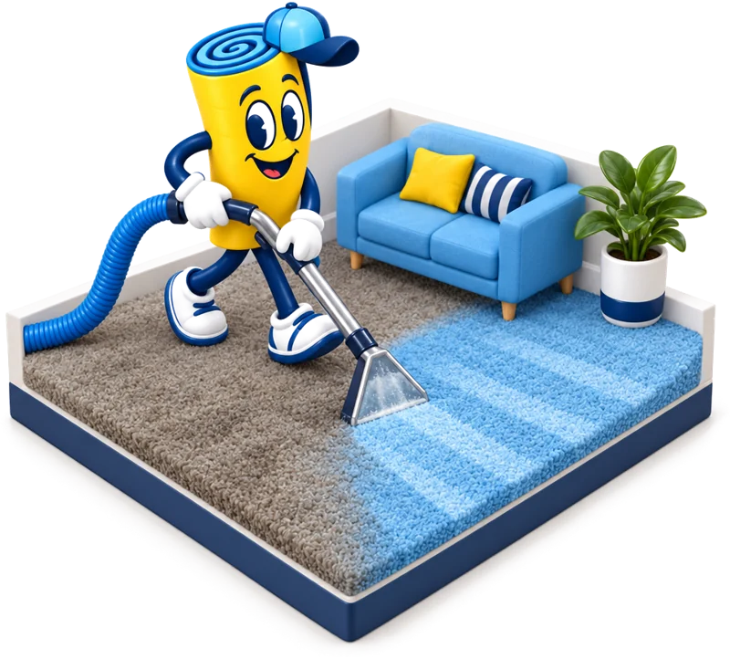 The mascot steam cleaning a carpet, half of it already clean