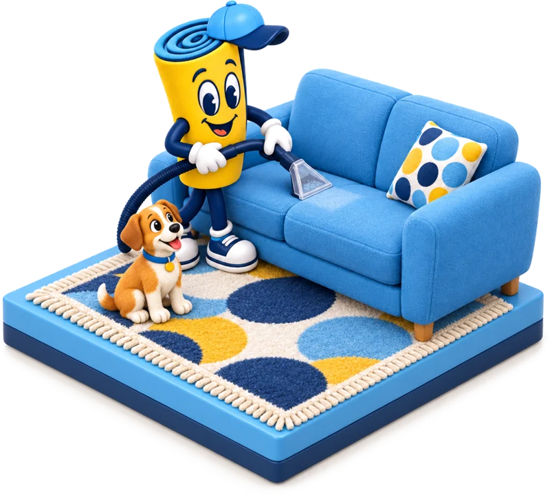 The mascot cleaning a blue sofa beside a patterned rug and a small dog