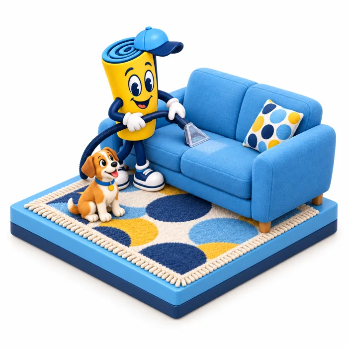 The mascot cleaning a blue sofa beside a patterned rug