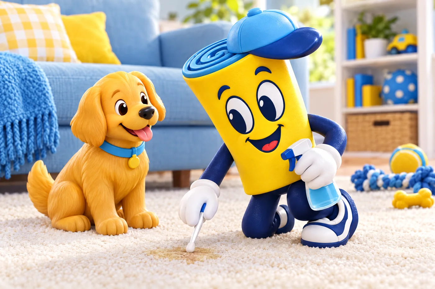 The mascot testing a small stain beside a golden dog