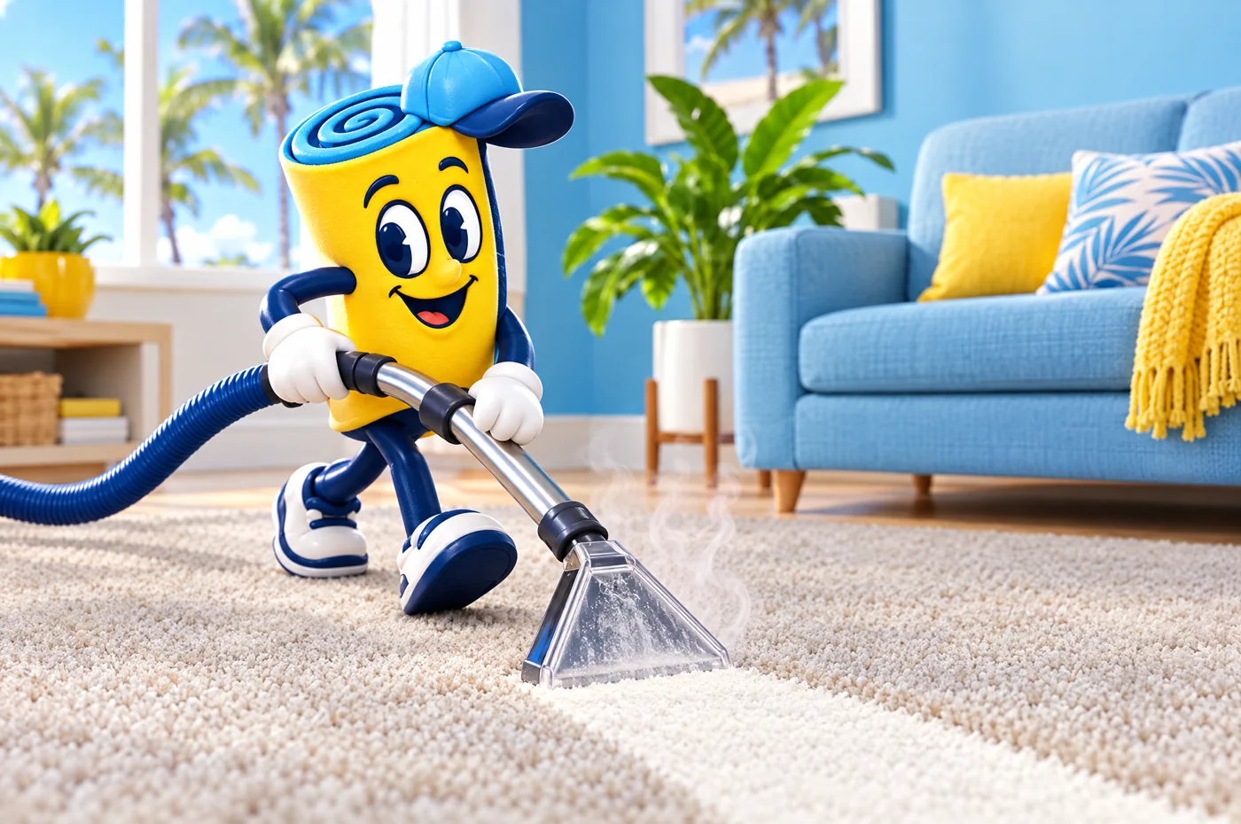 The mascot pushing an extraction wand across a living room carpet